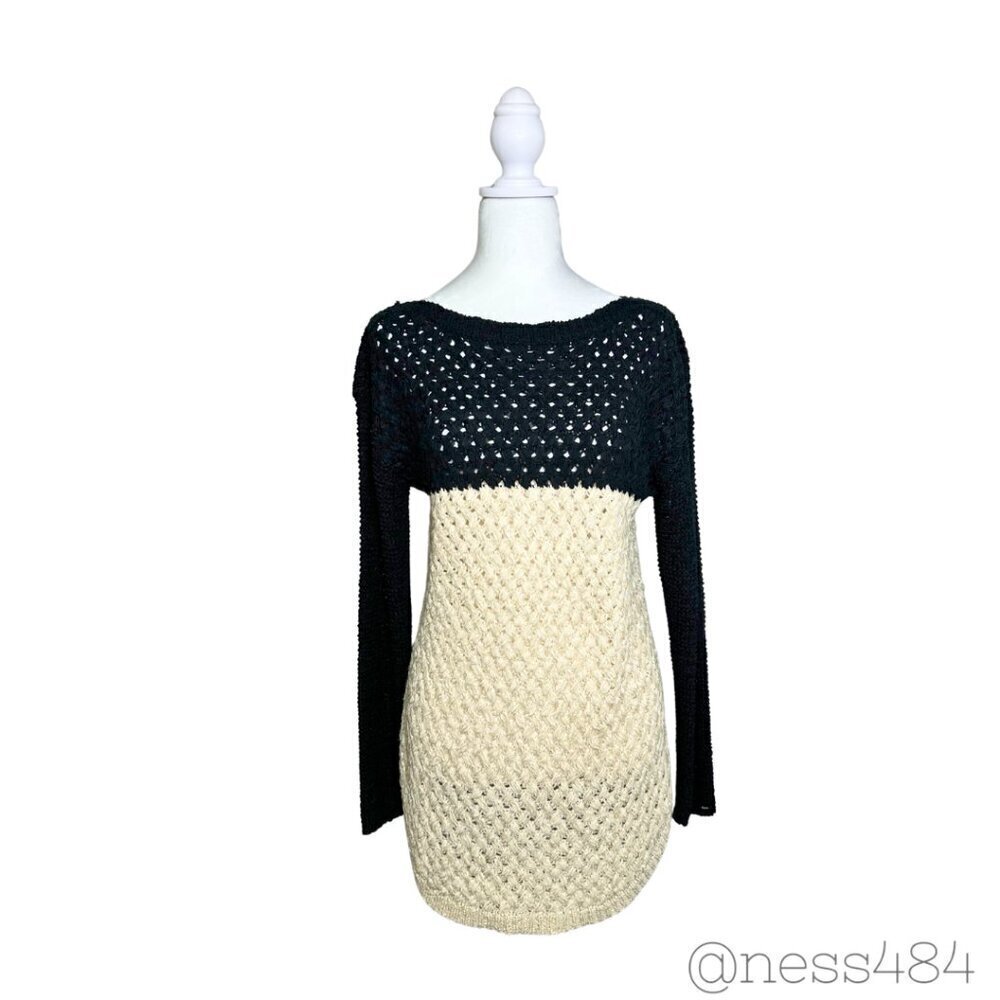 Dex Colorblock Crochet Knit Long Sleeve Sweater Dress Beige Black NWOT